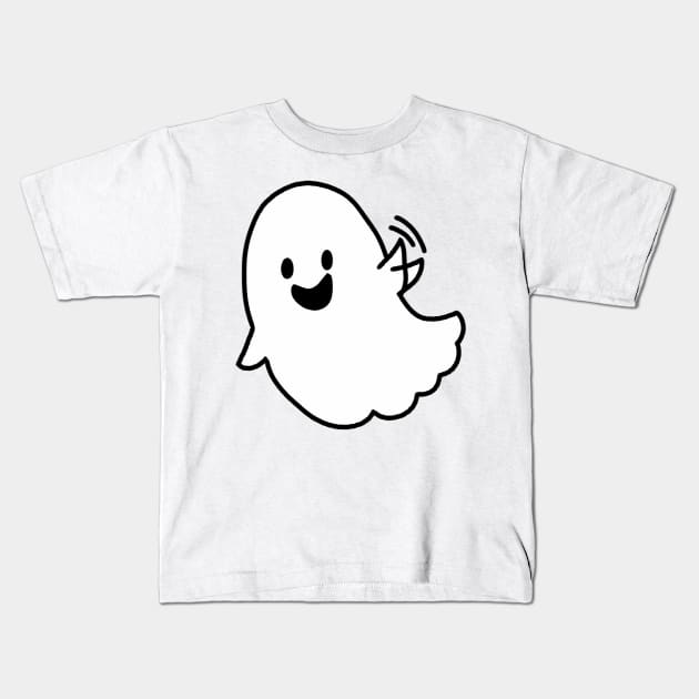 White sheet ghost waves hand to say hi Kids T-Shirt by medimidoodles